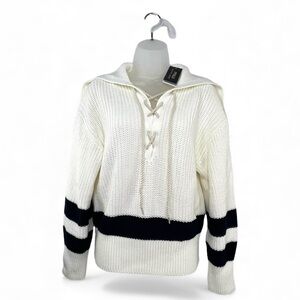 NEW-Polo Ralph Lauren O Lace Up Striped Knit Sweater, Cream & Navy, Women Medium